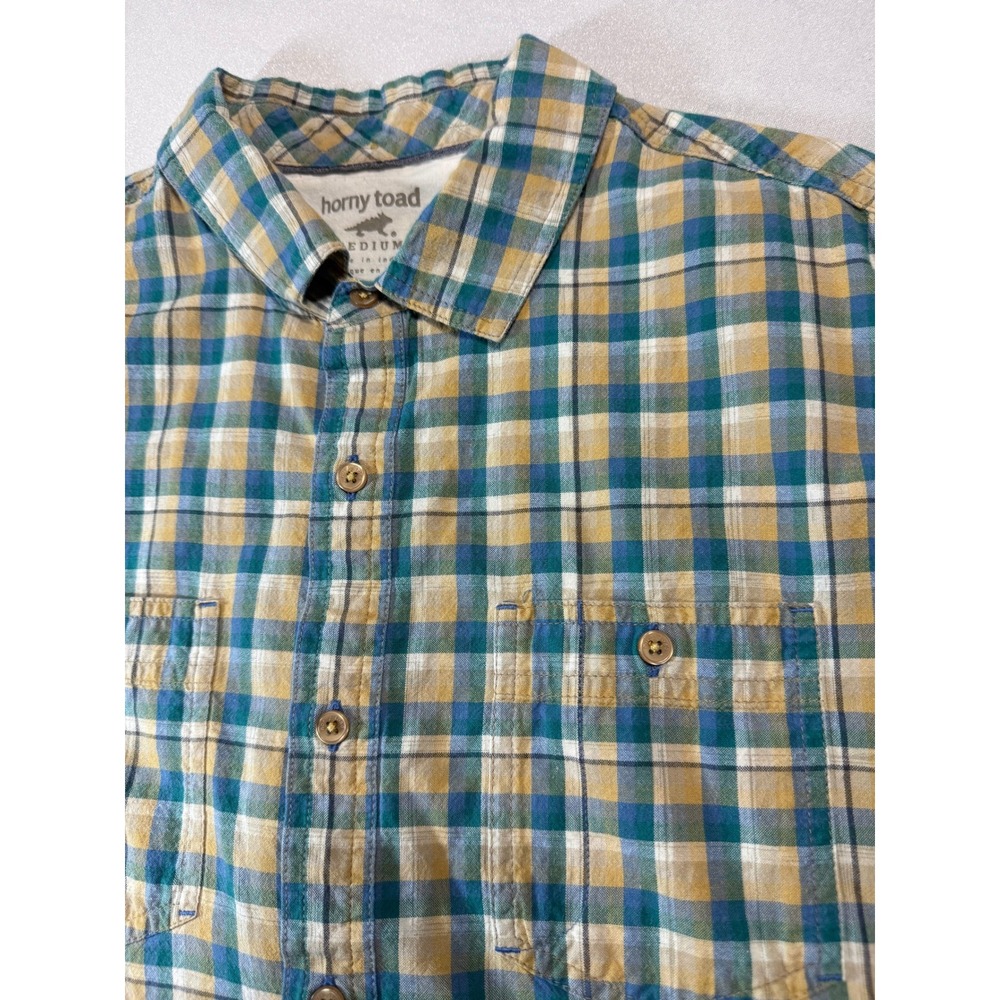 Horny Toad Mens Medium Blue Green Yellow Plaid Organic Cotton Short Sleeve Shirt